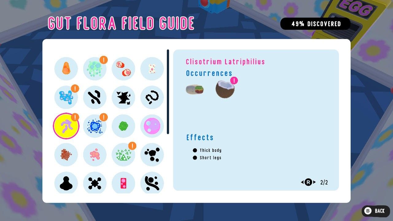 Wobbledogs Gut Flora menu showing the effects of a specific bacteria.