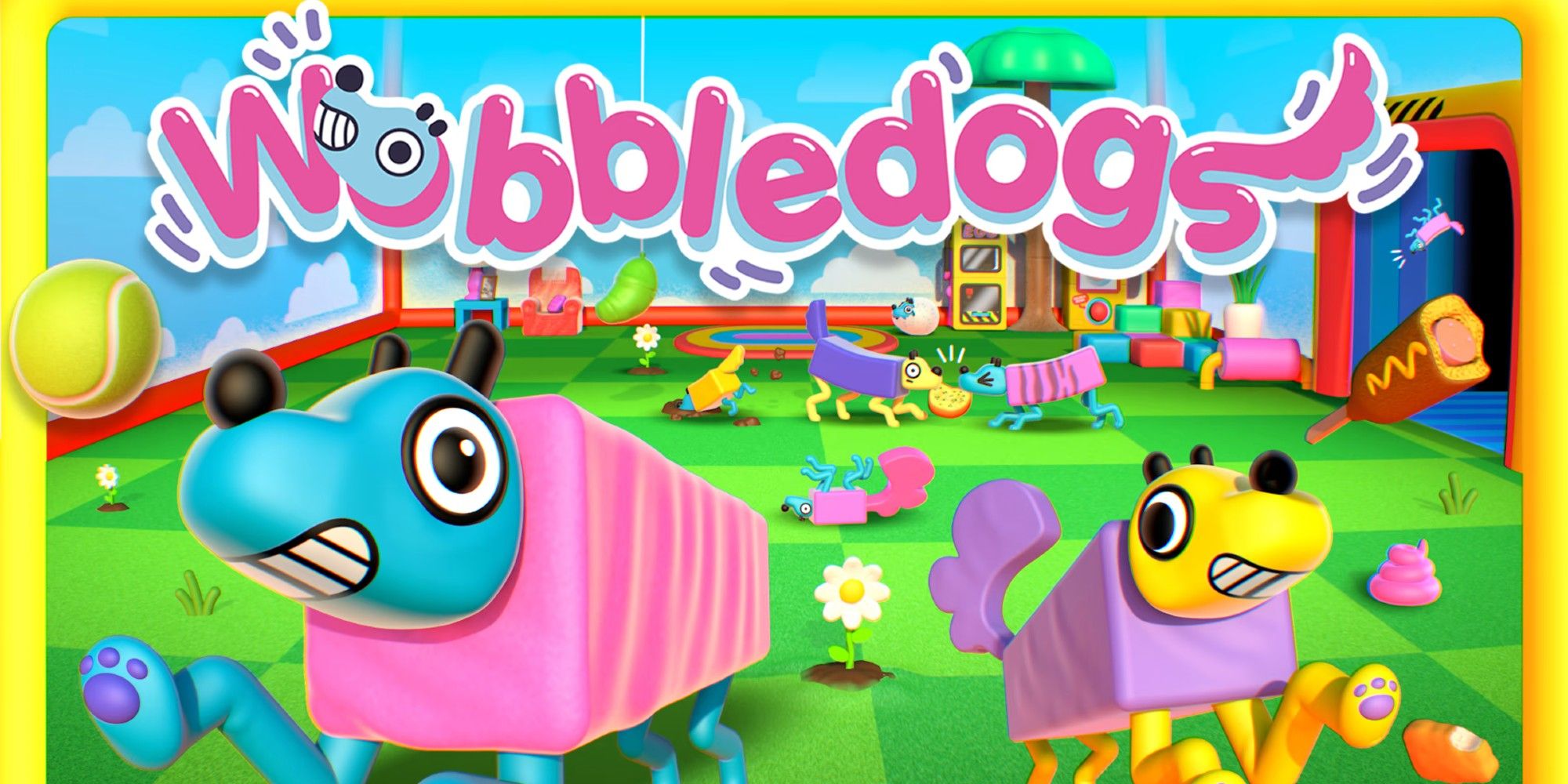 Wobbledogs Key Art showing several dogs in a play room and the game's title.