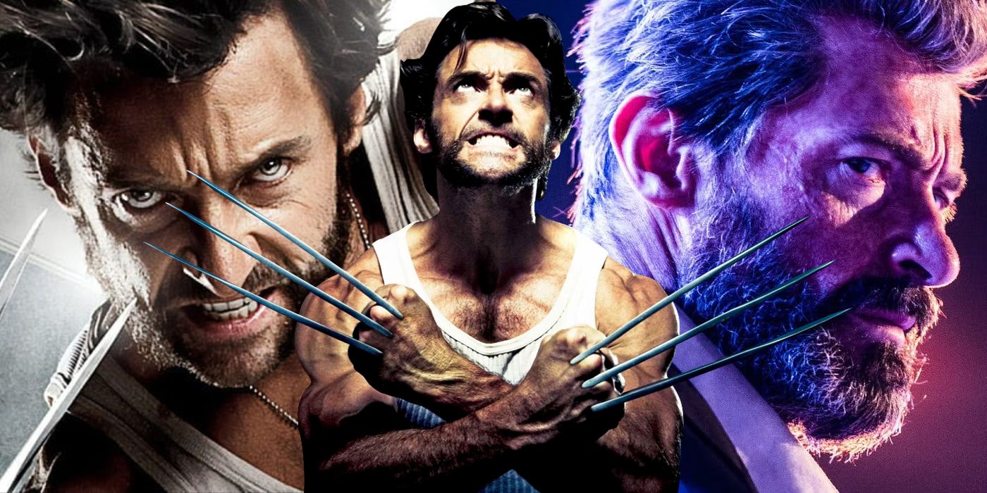 Split Gambar Wolverine Hugh Jackman dalam mode menyerang, memamerkan cakarnya, di Logan