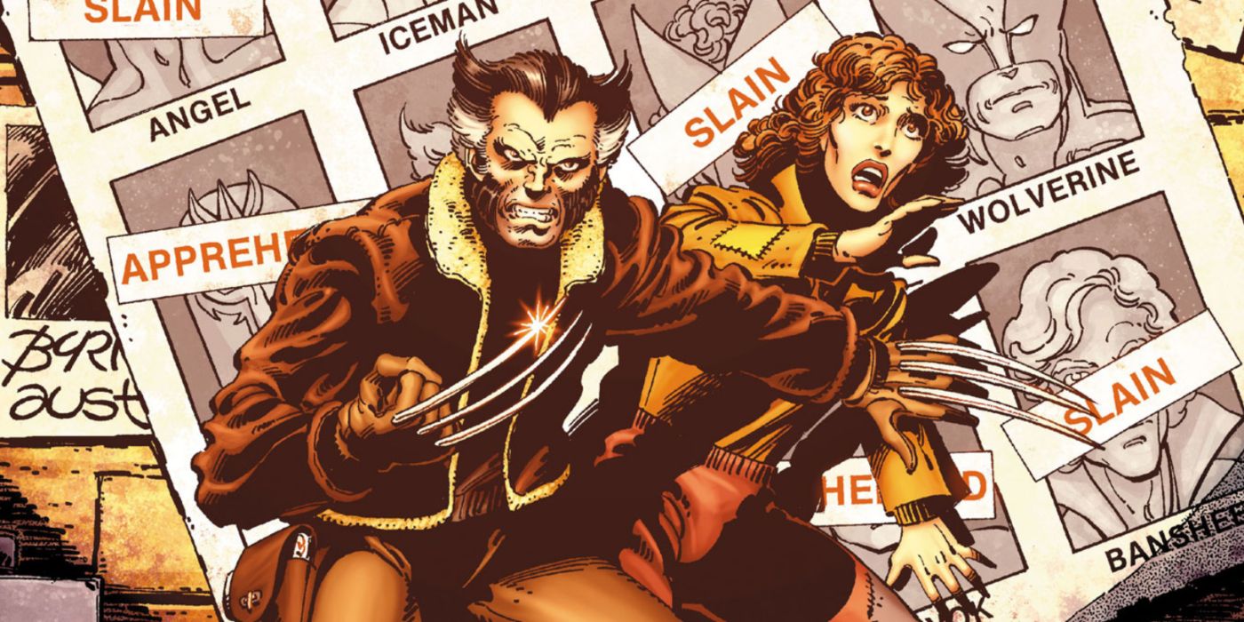 Arte da capa de X-Men: Days of Future Past apresentando Wolverine e Kitty Pryde com uma lista de sucessos marcada ao fundo.