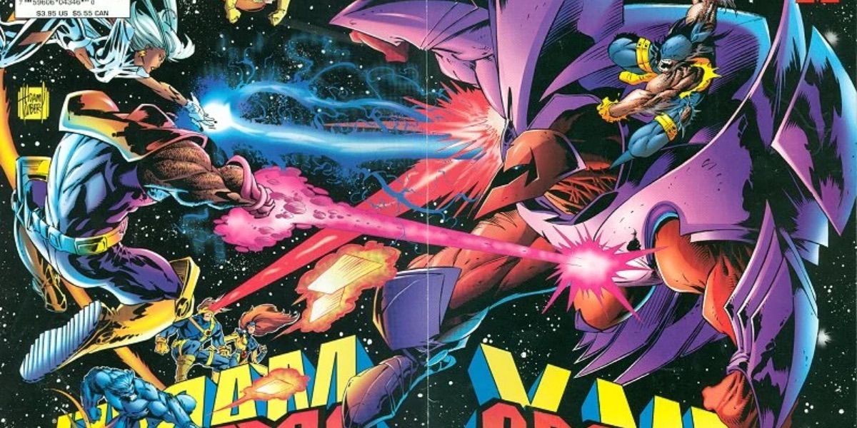 Os X-Men lutam contra Onslaught na capa da Marvel Comics 