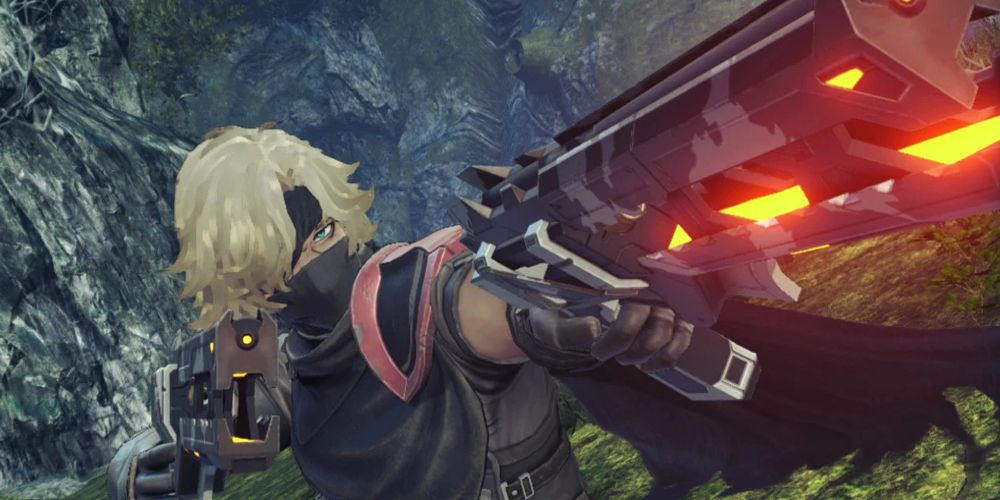 Gray points twin guns in Xenoblade Chronicles 3.