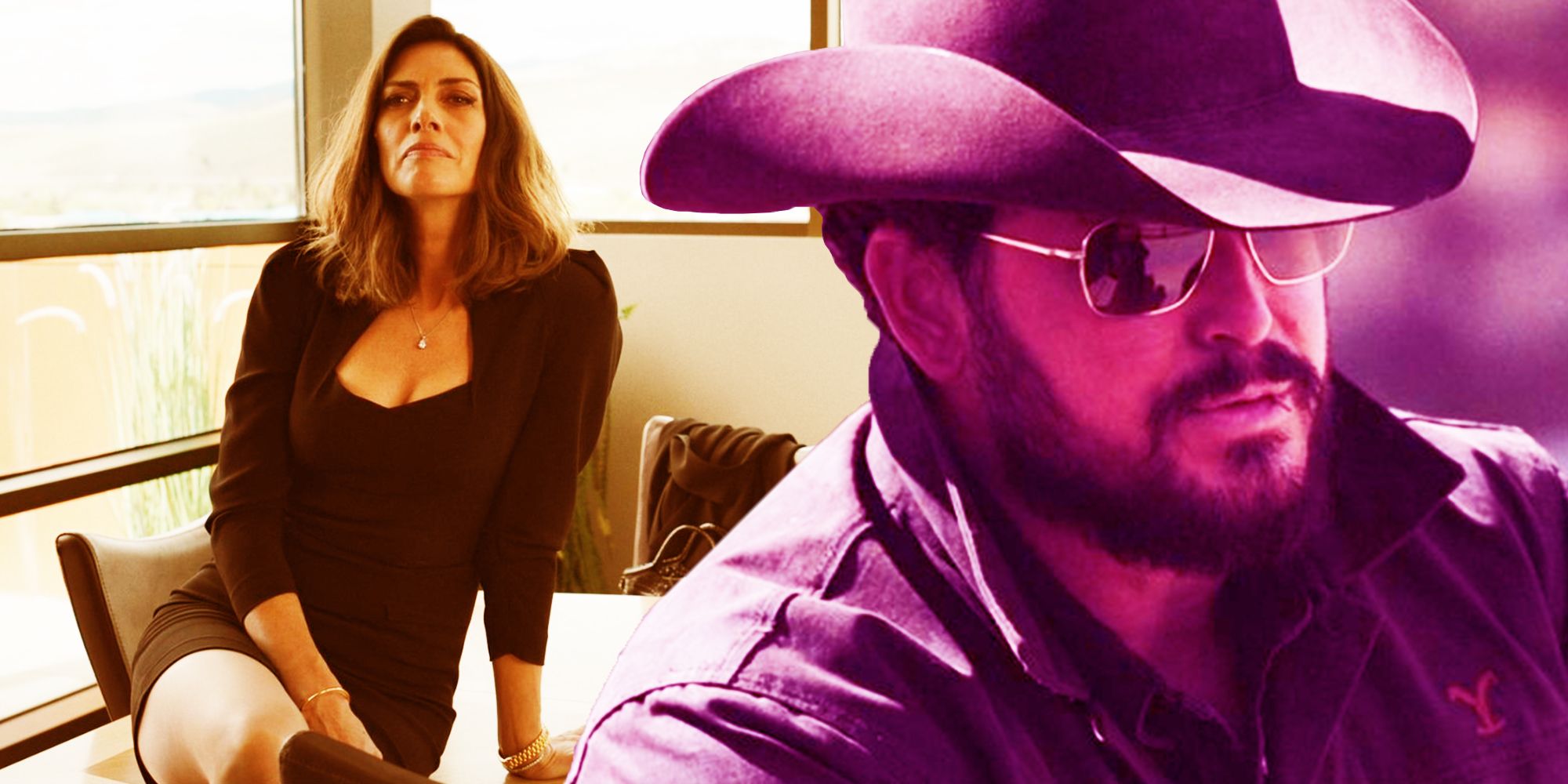 Blended image of Dawn Olivieri as Sarah Atwood and Cole Hauser as Rip Wheeler in Yellowstone