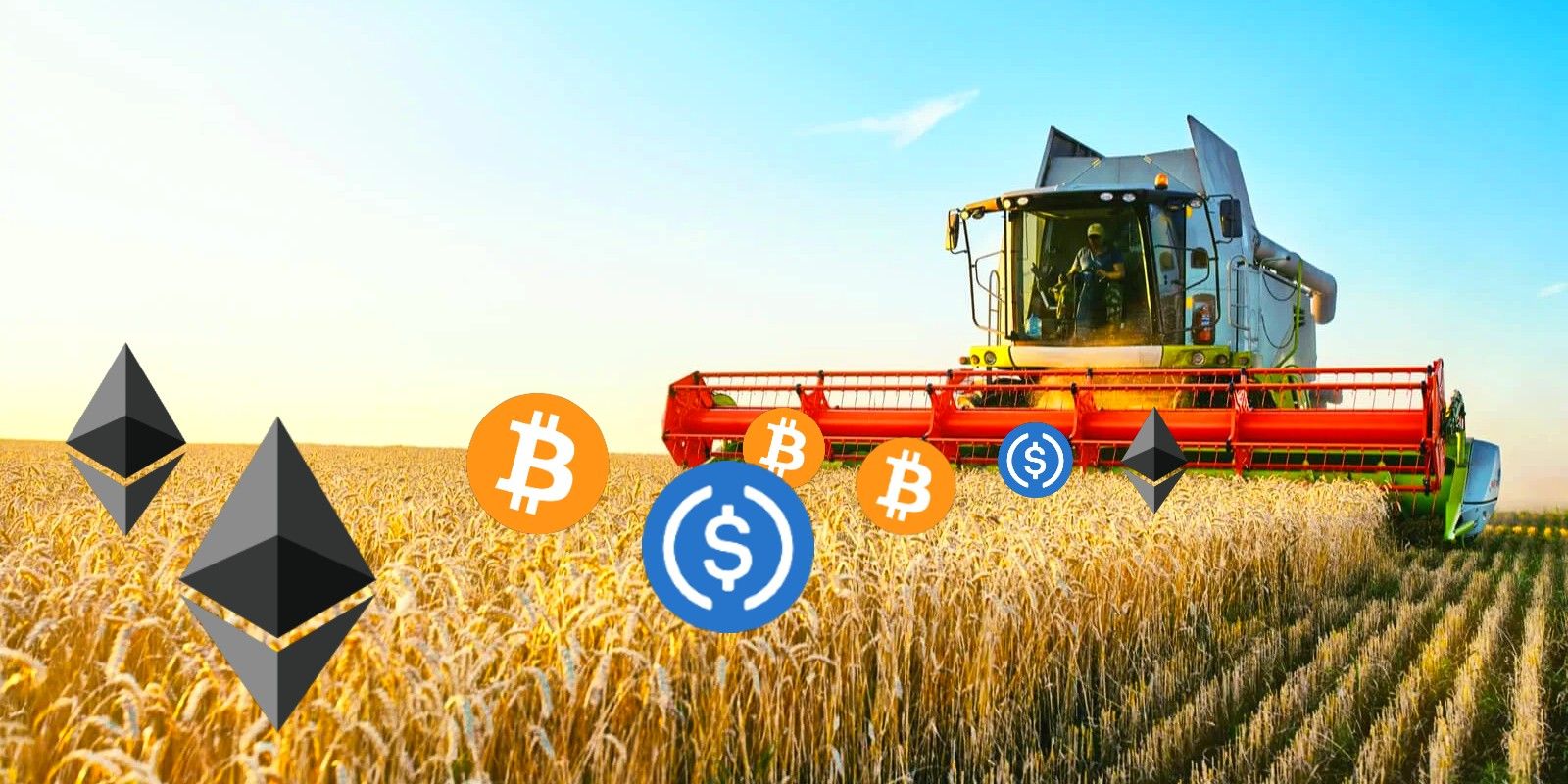 Wheat fields being harvested with ETH, BTC, and USDC logos