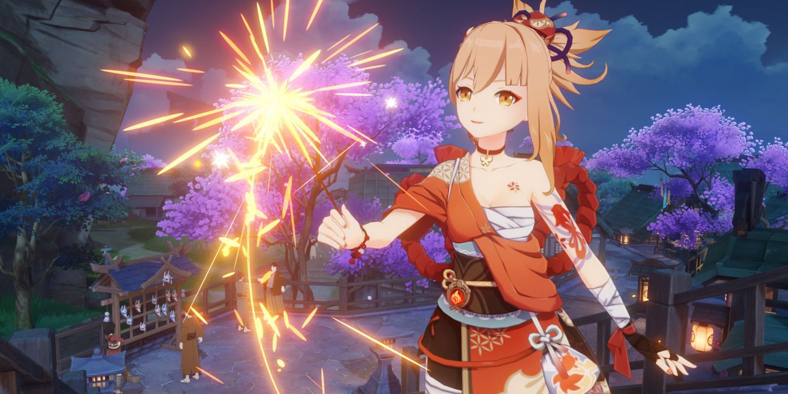 Pyro DPS Yoimiya from Genshin Impact holding a sparkler