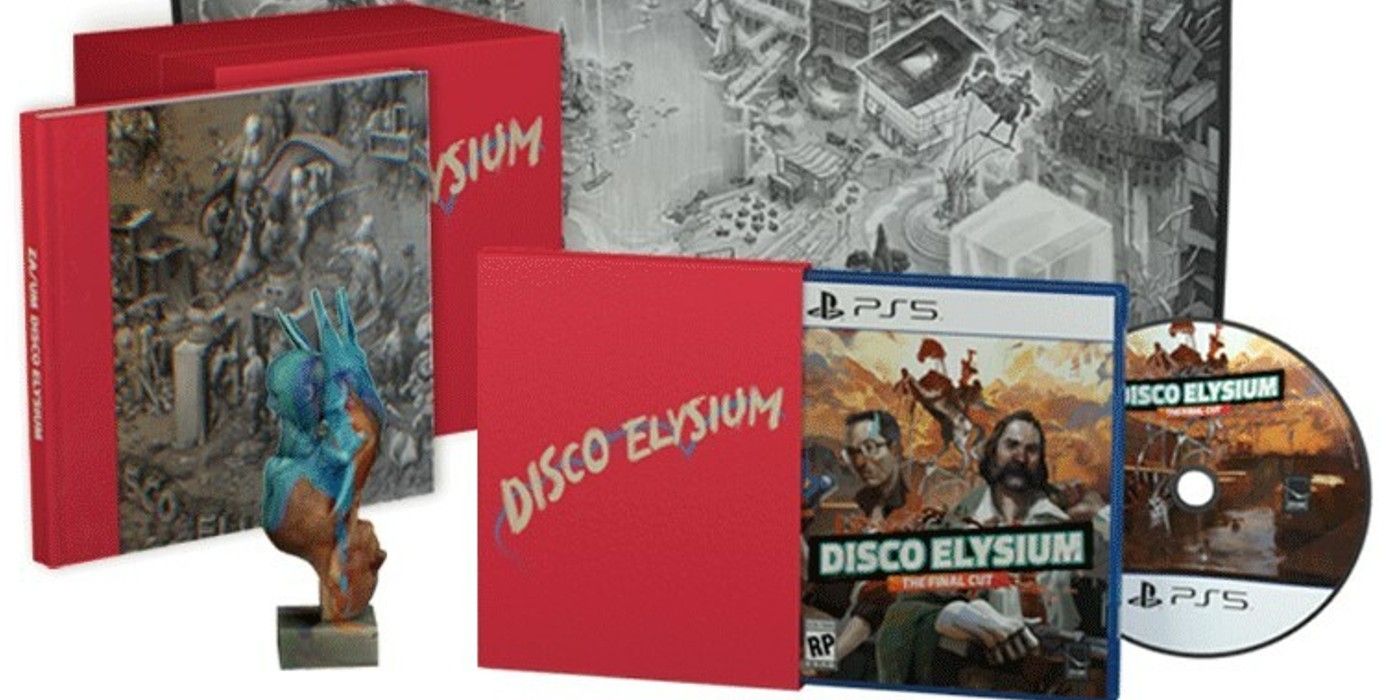 Edição especial física do Disco Elysium, que inclui o jogo, um livro de arte, um mapa do mundo do jogo, uma estátua e muito mais.