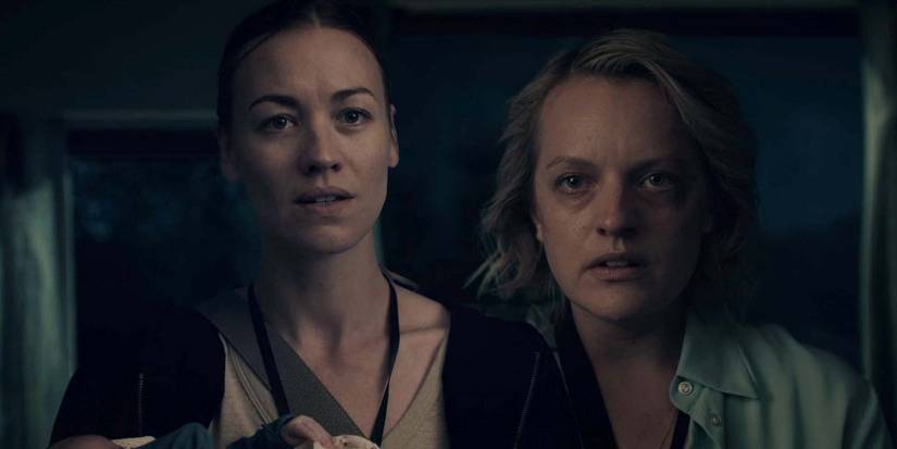 Blended image of Yvonne Strahovski as Serena and Elisabeth Moss as June on the train in The Handmaid's Tale season 5 finale