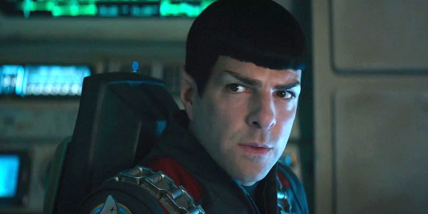 Zachary Quinto as Spock in Star Trek Beyond looking serious while strapped into a spaceship seat