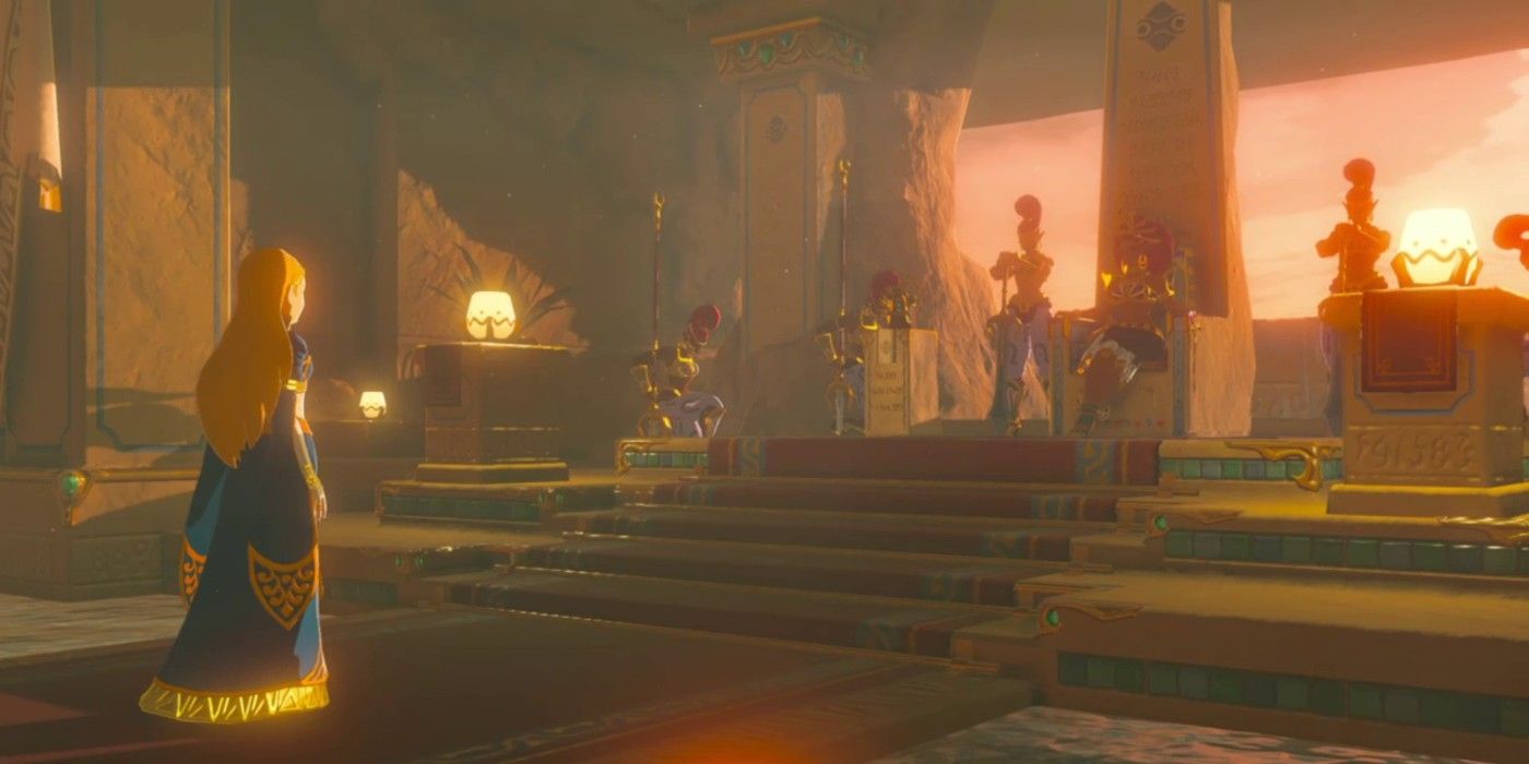 Zelda encontrando Urbosa durante 'Champion Urbosa's Song' de The Legend of Zelda: Breath of the Wild.