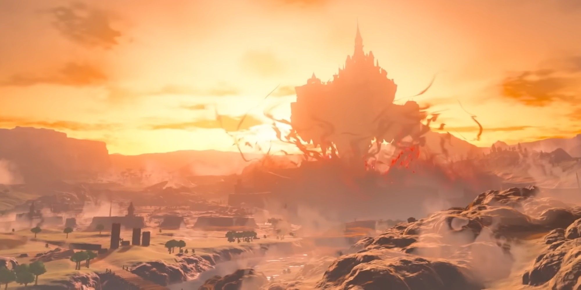 Hyrule Castle as seen in Tears of the Kingdom's original announcement trailer, floating above the surrounding Hyrule Field apparently under the power of Ganon's Malice.