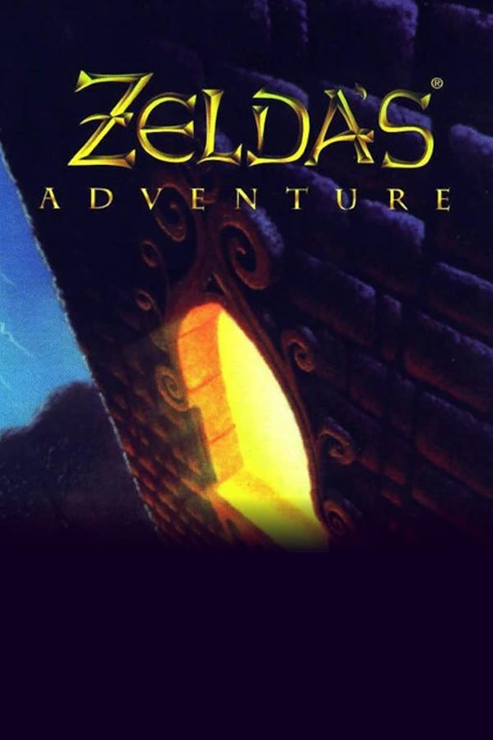 Arte da caixa de Zelda's Adventure, um castelo com uma janela brilhante