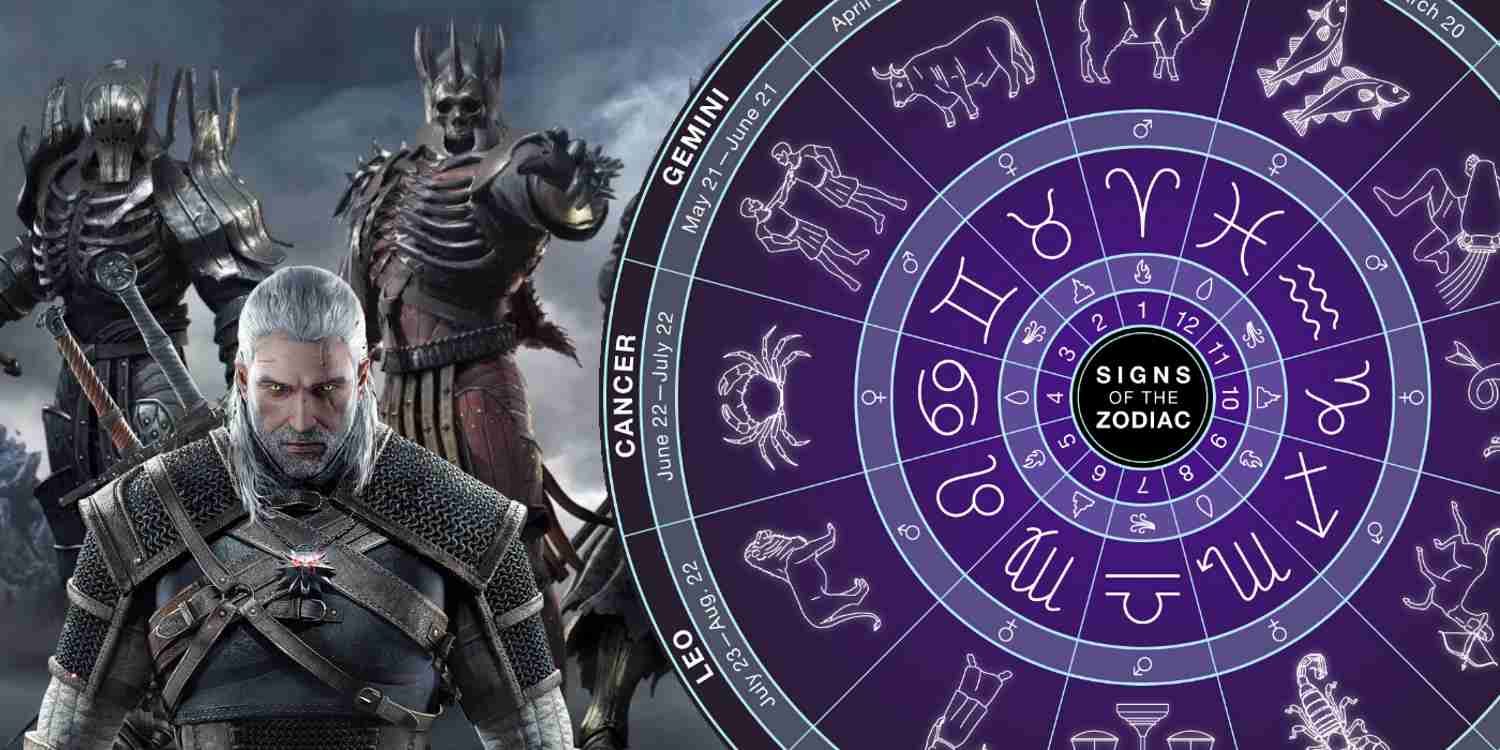 Zodiac wheel next to Geralt and some bosses from The Witcher games.