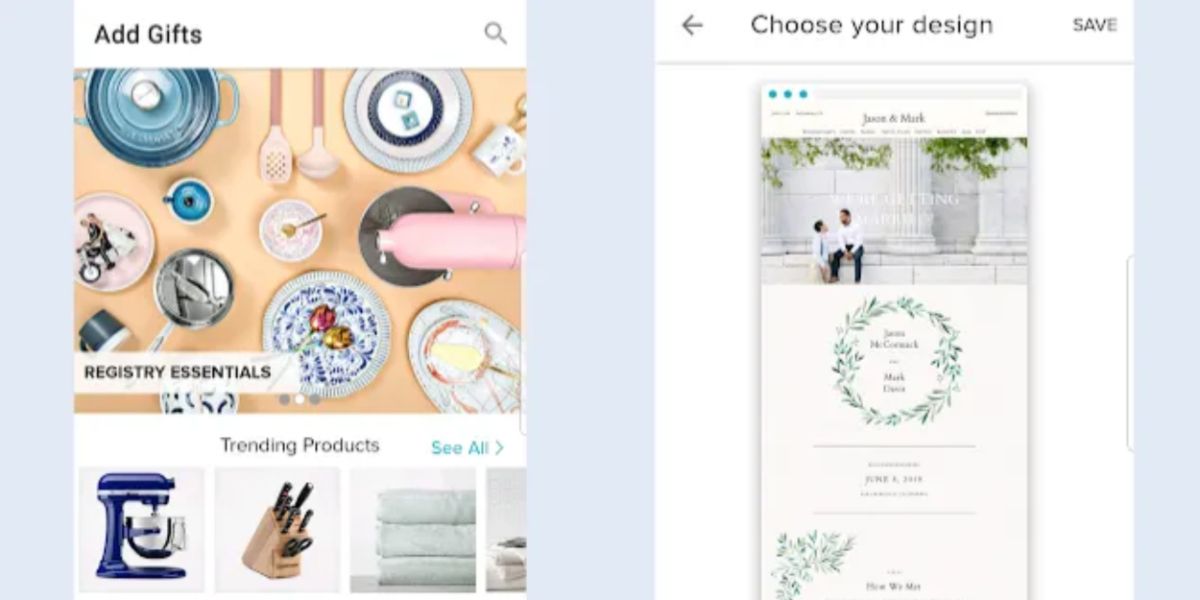 Promotional images of the Zola app with wedding registry and wedding website