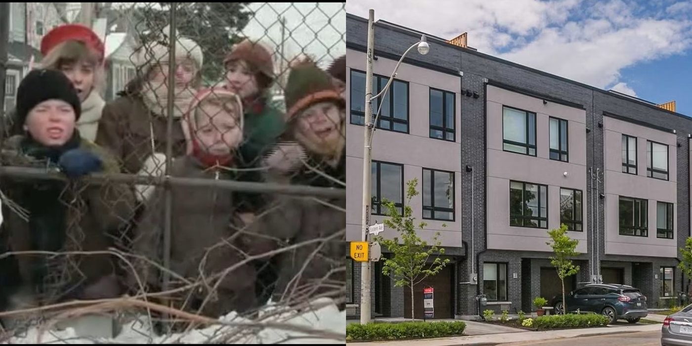 Split image of kids looking through a fence in A Christmas Story and Toronto condos