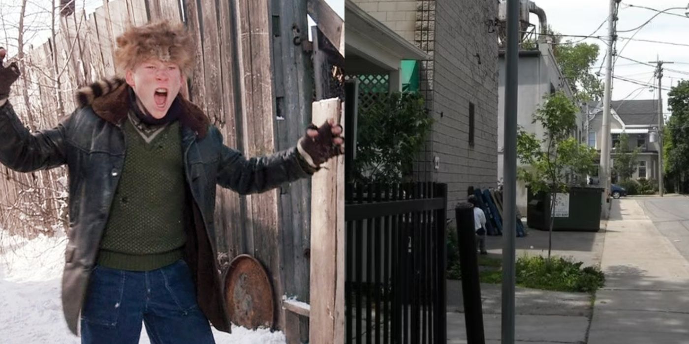 Split image of the setting for the fight with Farkus in A Christmas Story
