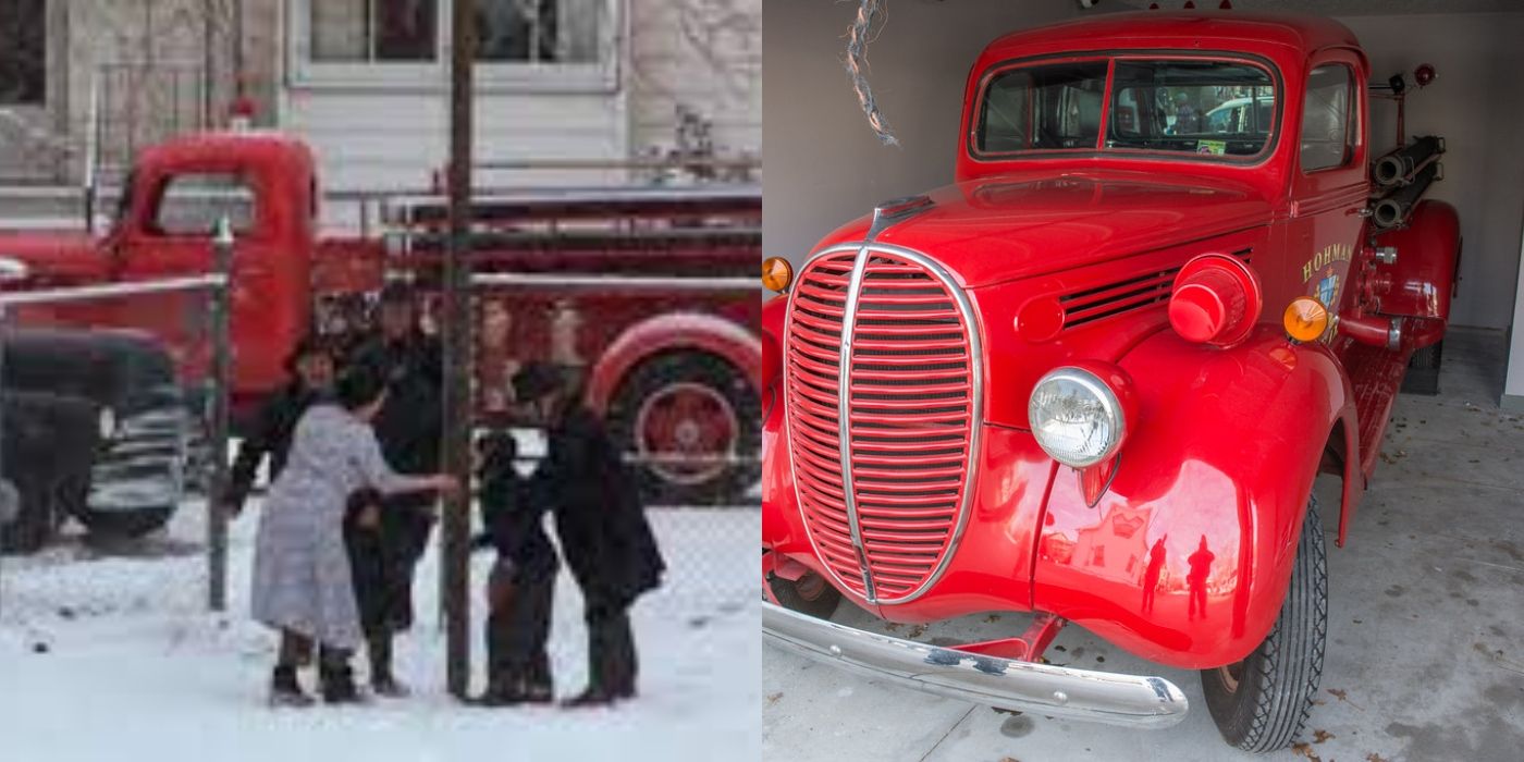 Split image of the fire truck from A Christmas Story