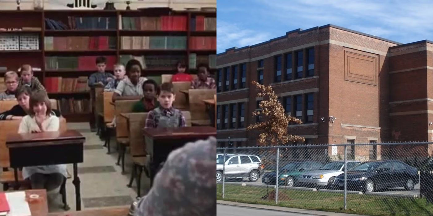 Split image of the school scene in A Christmas Story and the school today