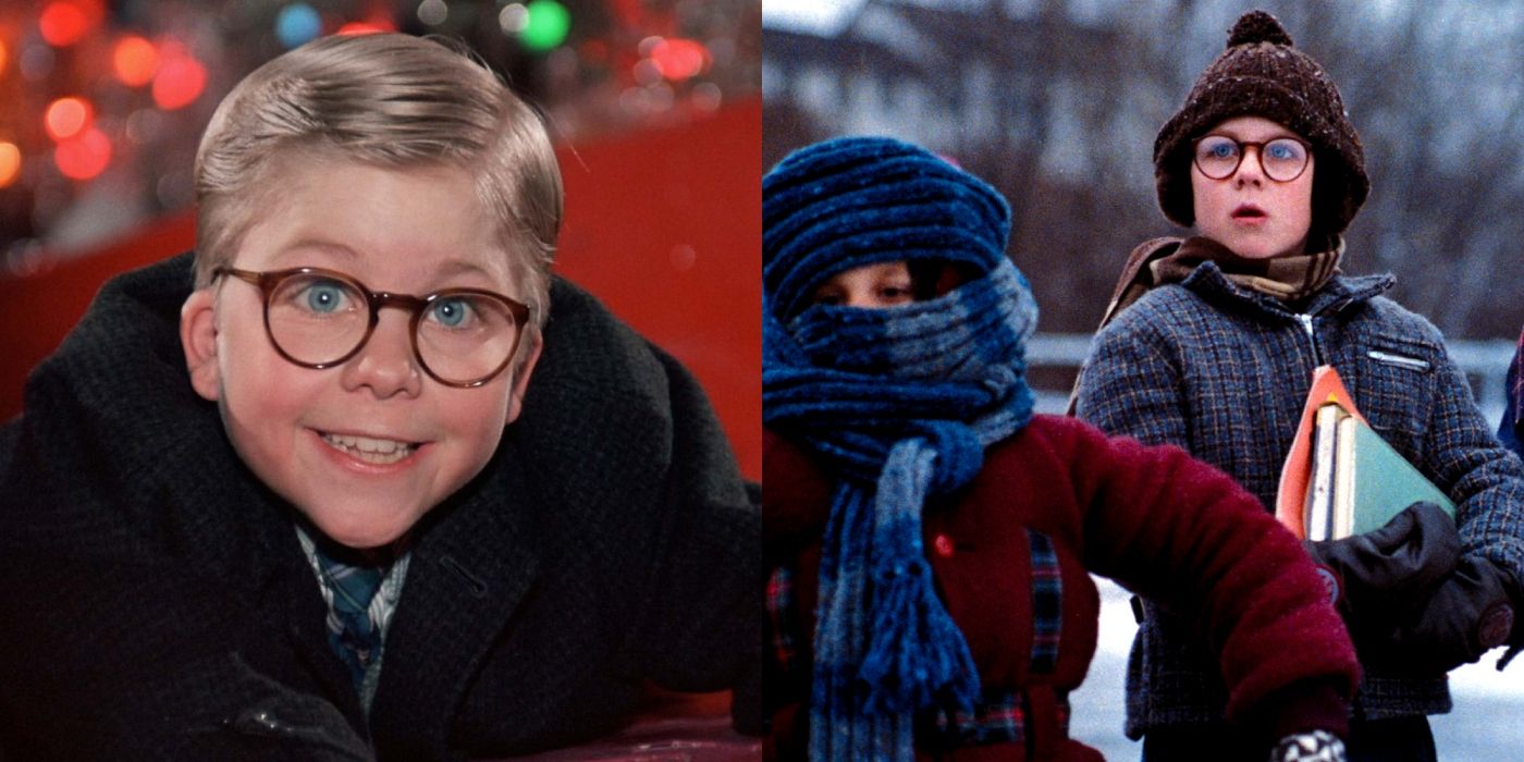 Split image of Ralphie and other kids in A Christmas Story