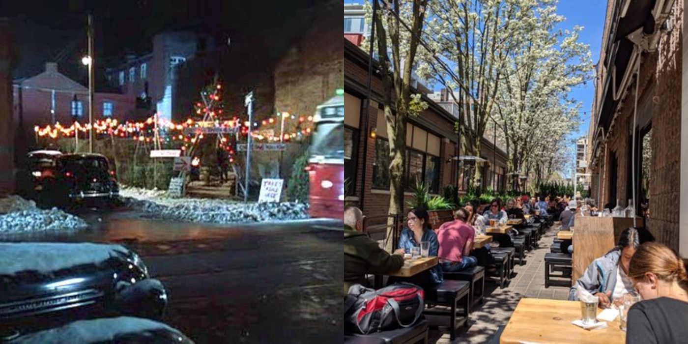 Split image of the tree lot in A Christmas Story and Warehouse Queen Street restaurant today