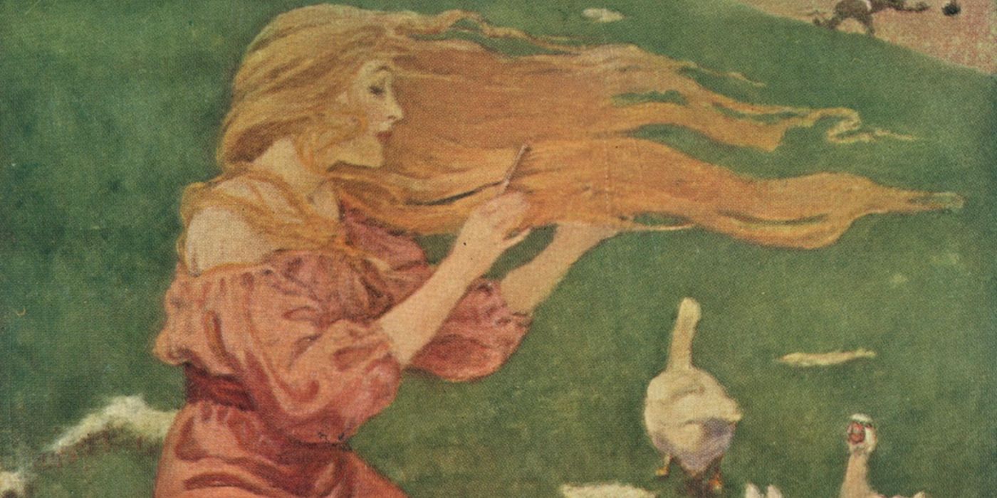 A painting of the Goose Girl sat brushing her hair