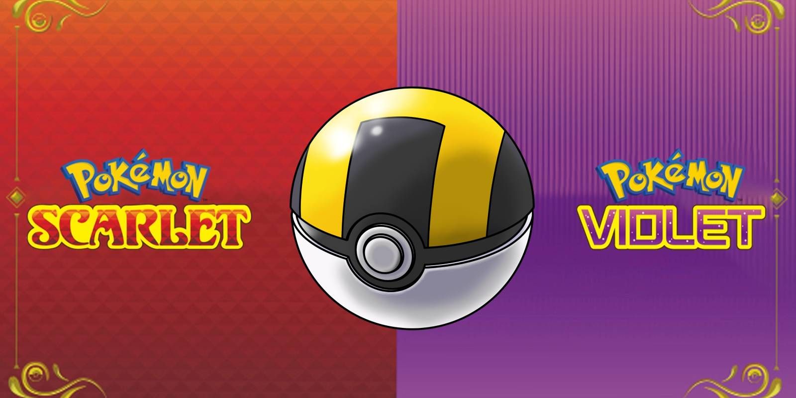 Pokemon Scarlet en Violet Ultra Ball gelaagd met beide game-logo's