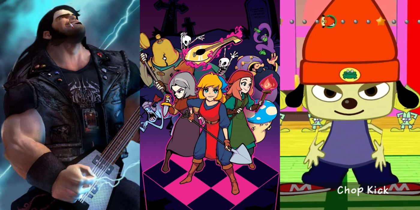 A split image of the game Brutal Legend, Crypt of the NecroDancer,and PaRappa the Rapper
