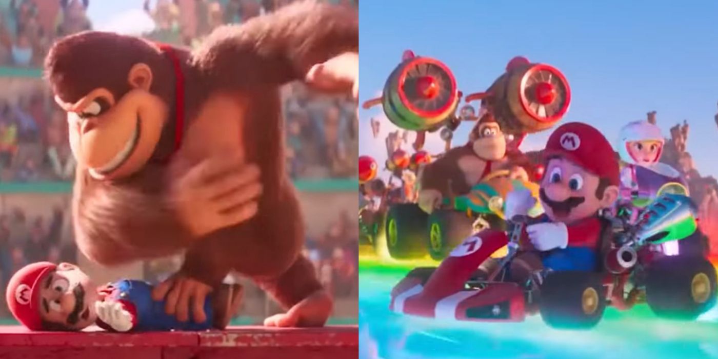 A split screen of Donkey beating up Mario and racing on Rainbow Road from the Super Mario Bros movie trailer