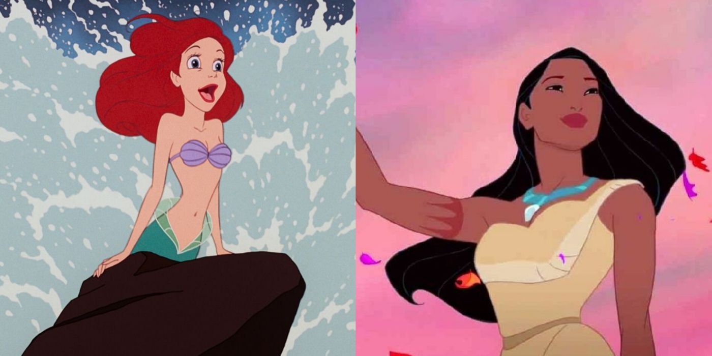 A split screen of Pocahontas and Little Mermaid.