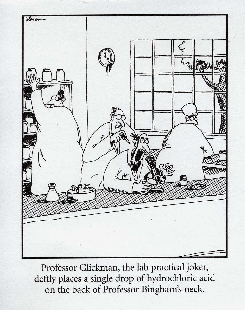 far side comic, scientist pours acid on anothers neck while the victim yells 