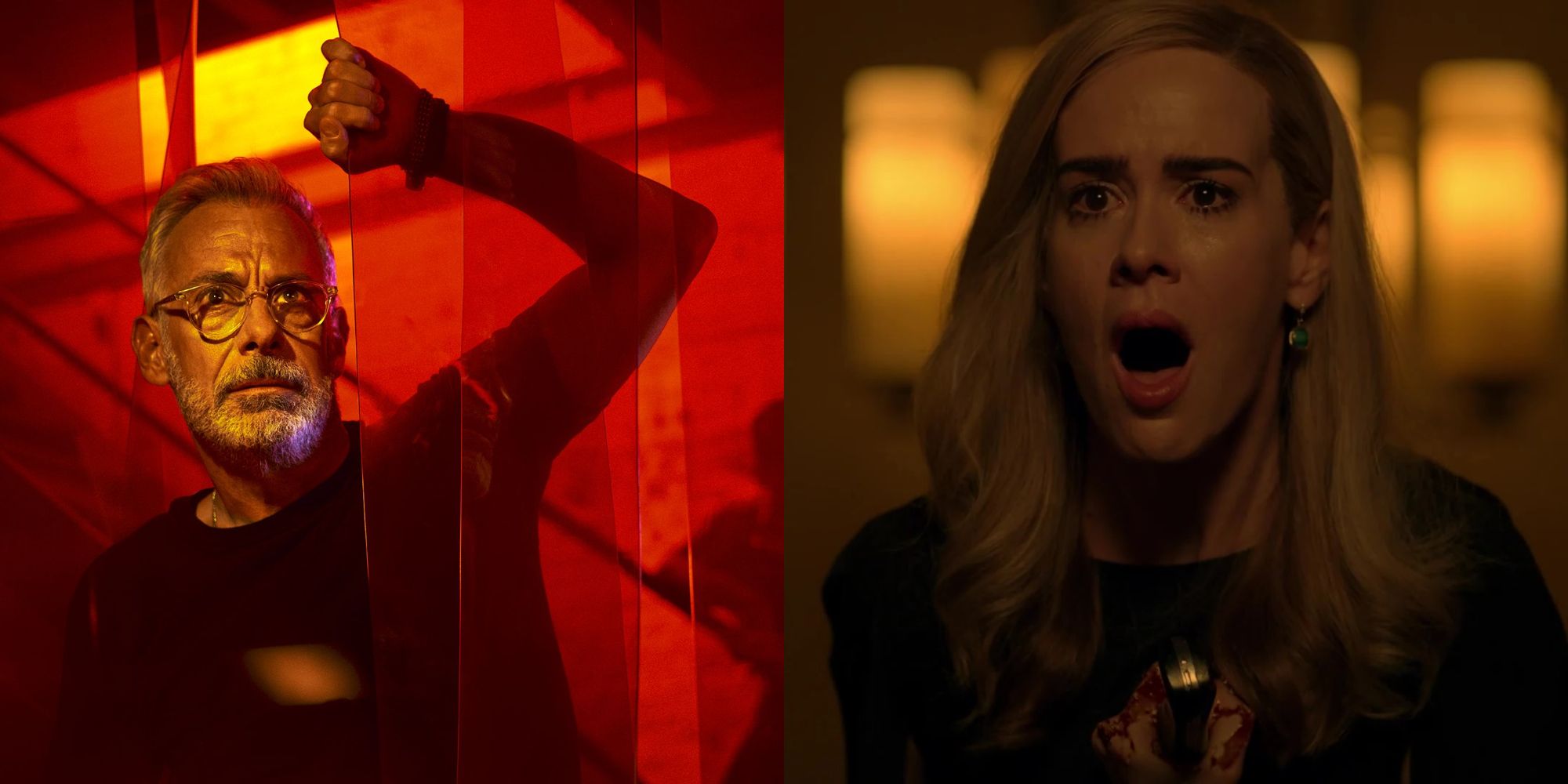 A character from AHS: NYC and Sarah Paulson looking shocked