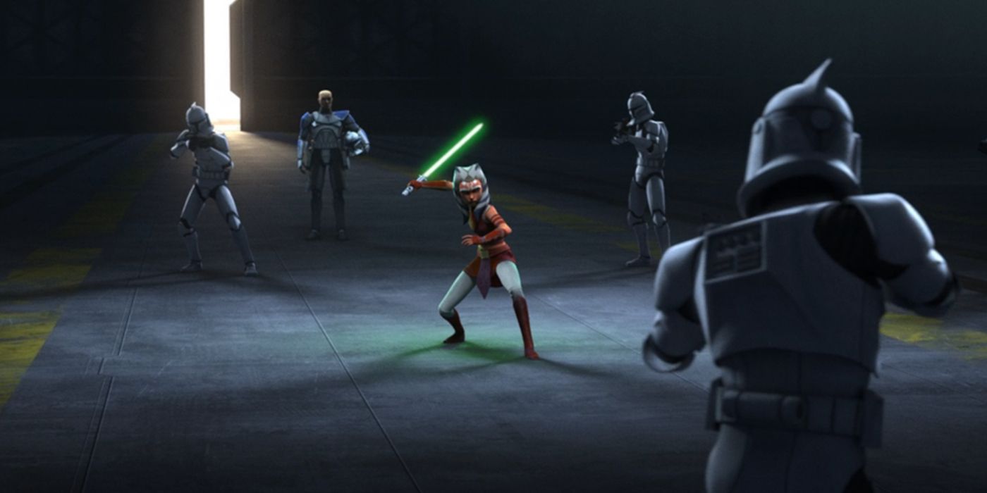 Ahsoka Tales of the Jedi treinando contra soldados clones