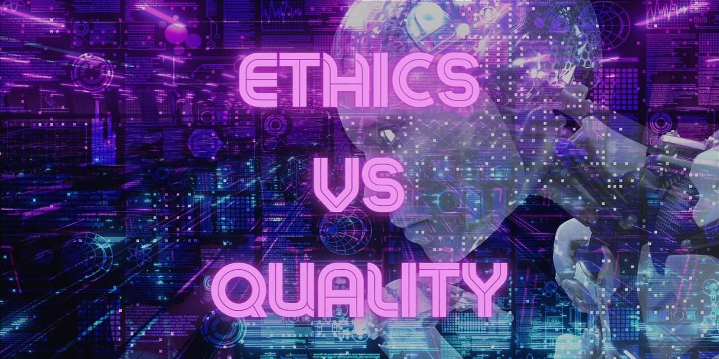 Plano de fundo com imagem de IA de computador robô e tecnologia com texto decorativo que diz, 'Ética VS Qualidade'.