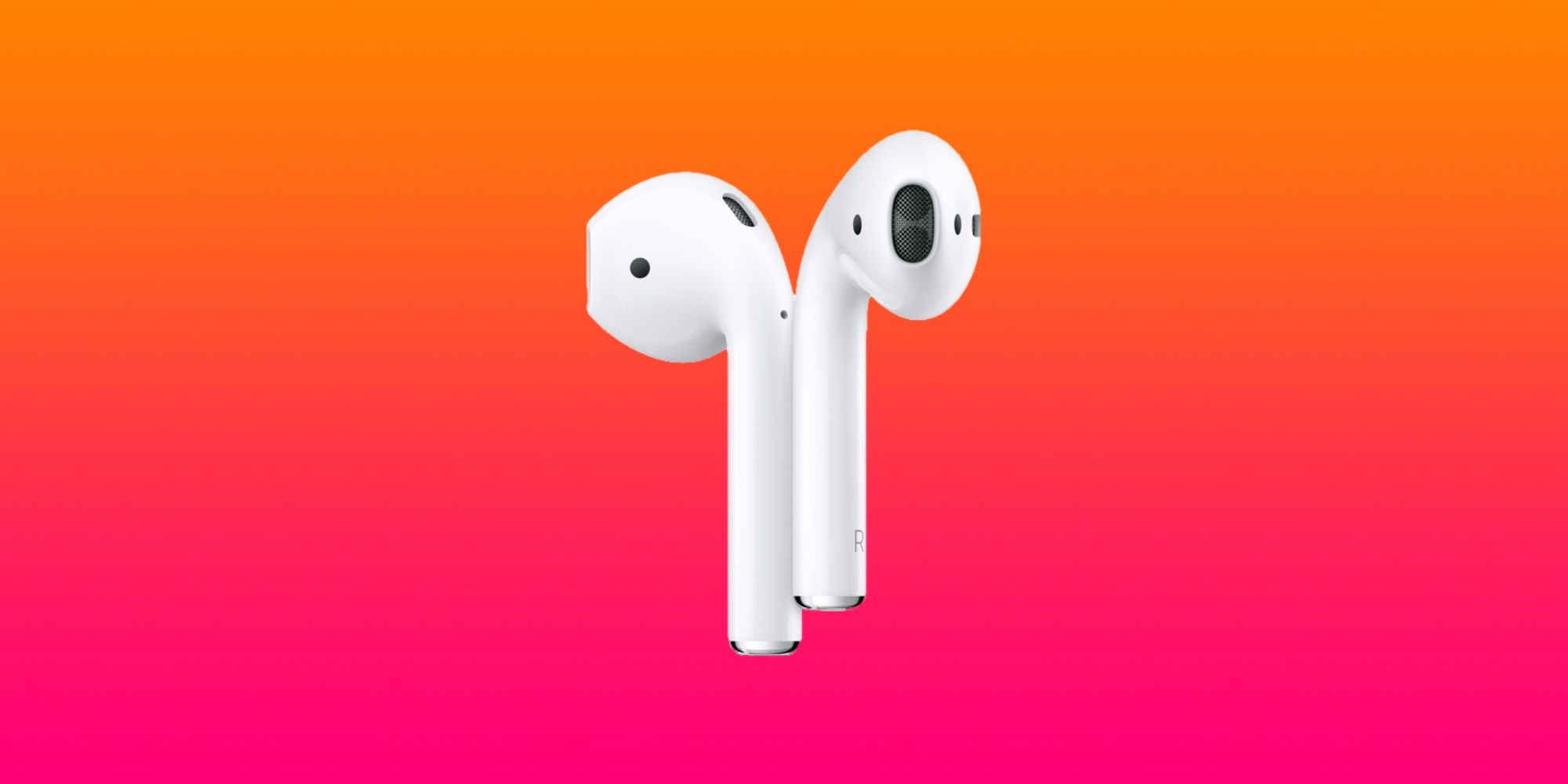 Second-generation AirPods over a pink and orange gradient background.