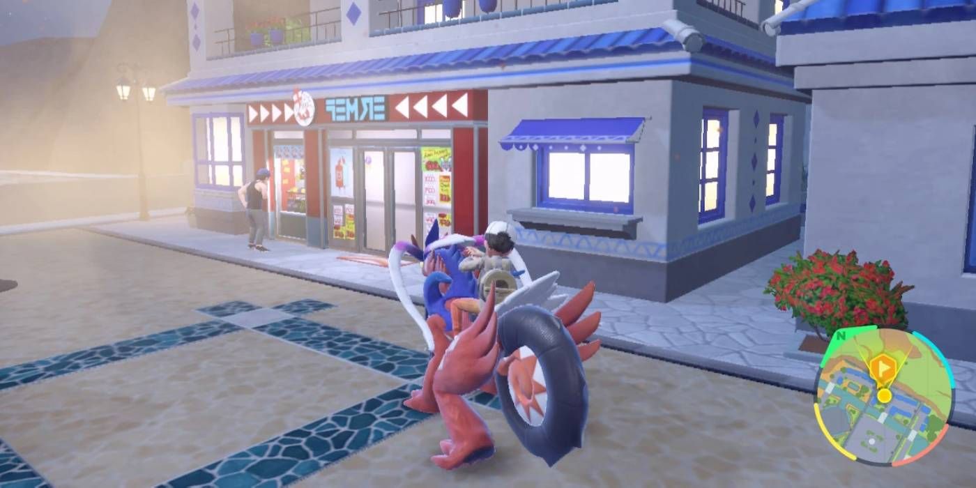 Pokemon Scarlet en Violet Delibird laten de winkel zien vanuit het perspectief van de speler op de achterkant van de Legendary Pokemon Bike