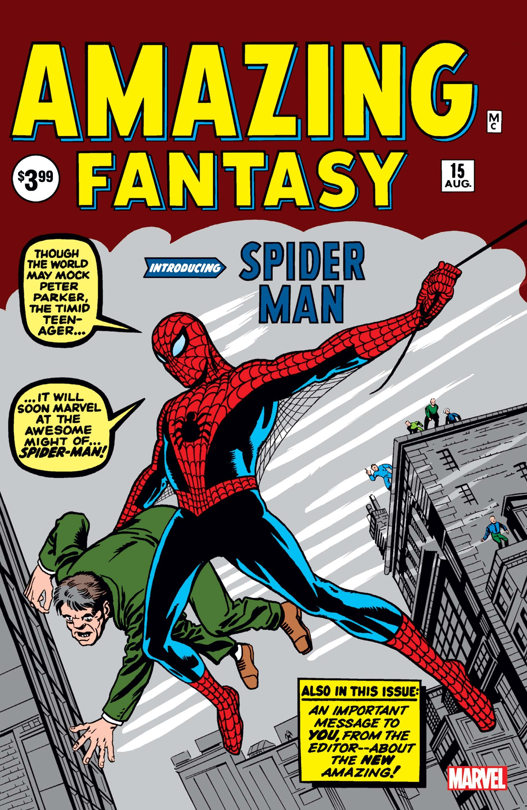 amazing fantasy 15 cover spider-man swinging on a web holding a man