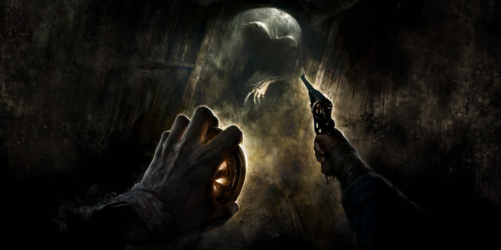 Amnesia The Bunker Key Art mostrando um protagonista em primeira pessoa apontando uma arma para uma figura sombria.