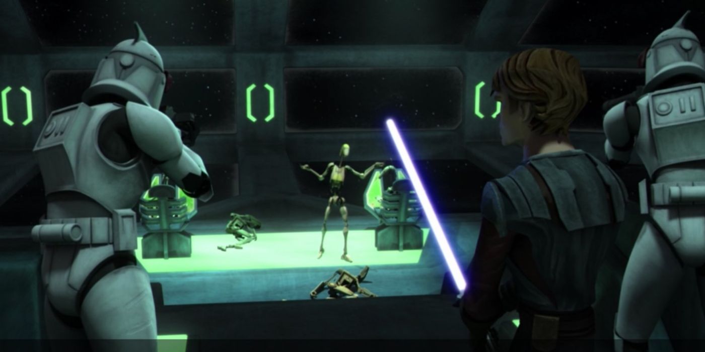 Anakin and clones destroy battle droids in The Clone Wars