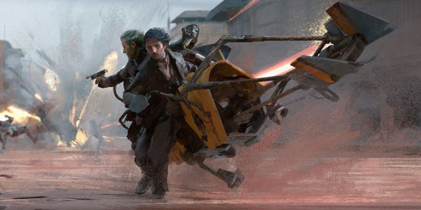 Concept art of Andor's speeder chase through Ferrix.