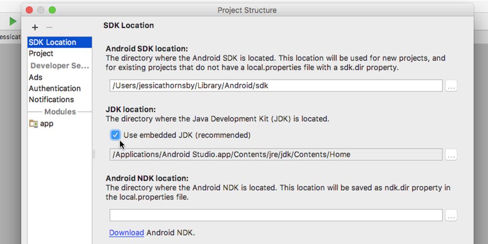 A Android JDK Location error is shown
