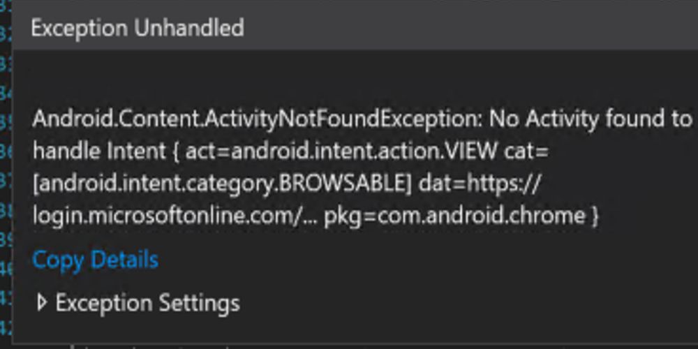 An Android Activity Not Found error is shown