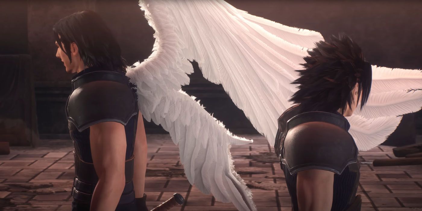 Angeal com asa branca de anjo ao lado de Zack Fair em Crisis Core Reunion Final Fantasy VII
