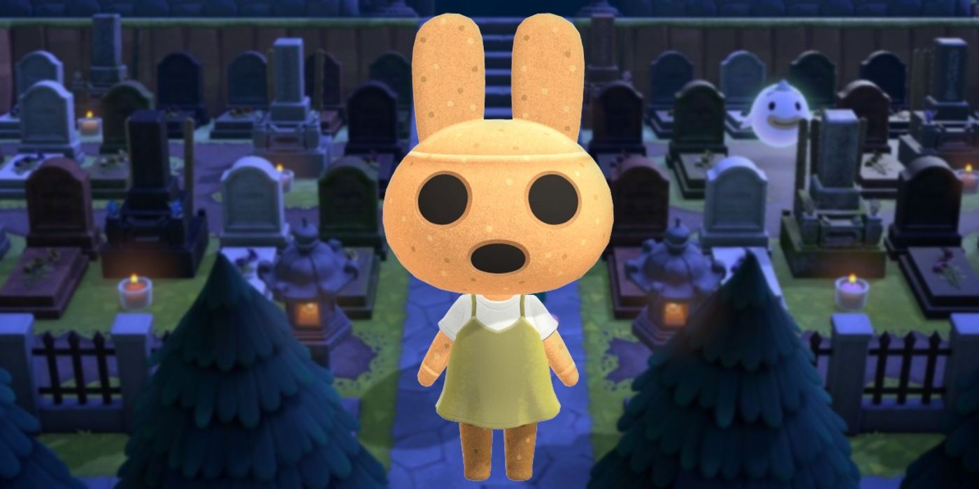 Coco from Animal Crossing in front of an in-game graveyard