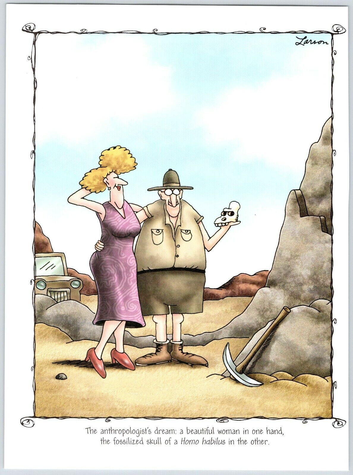 far side comic, title anthropologist's dream with a man standing with a skeleton head and a beautiful woman