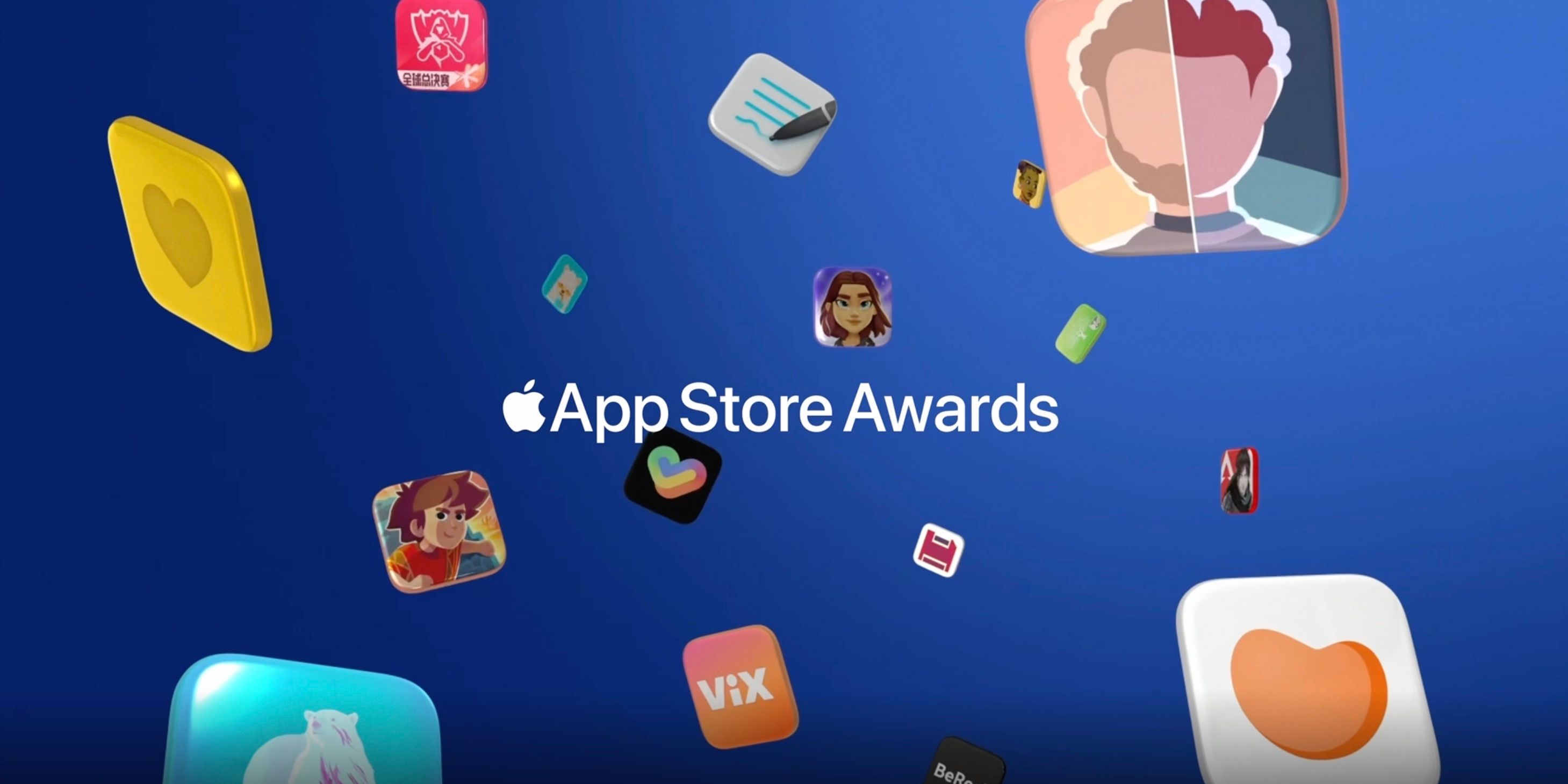 The words App Store Awards are pictured next to the Apple logo in front of a blue background with several app icons floating around it