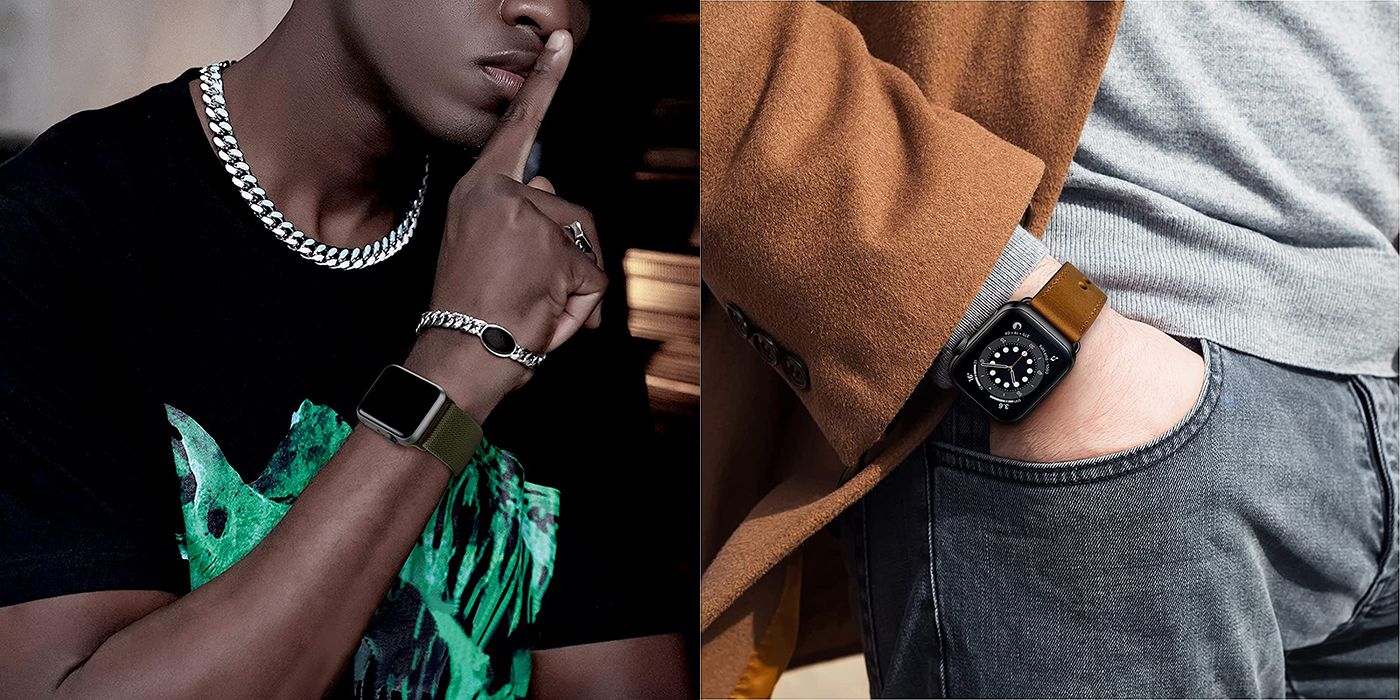 Split image of two men wearing two Apple Watches and bands.