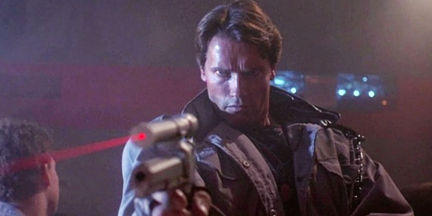 Arnold Schwarzenegger pointing a gun in The Terminator's night club scene.