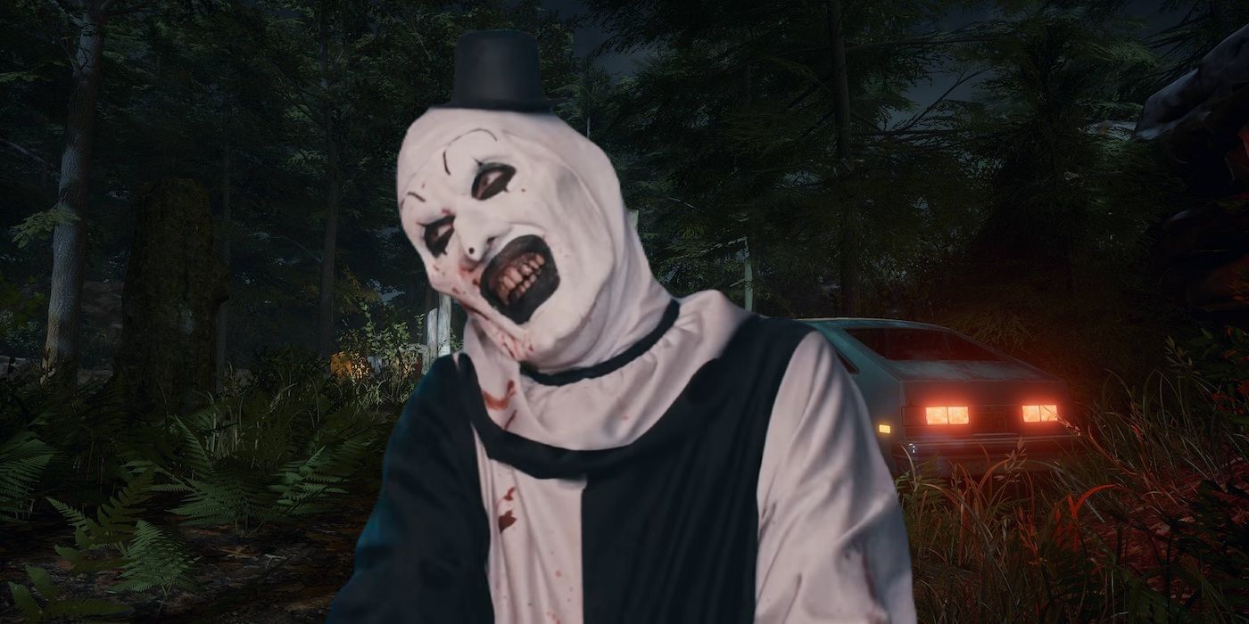 Art the Clown from Terrifier 2 standing in a map from Friday the 13th: The Game