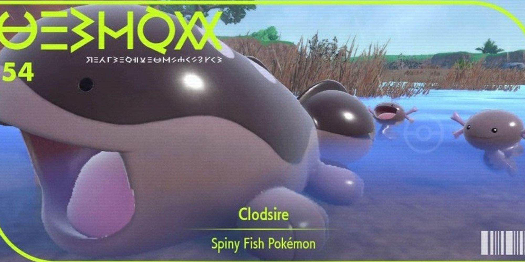 A Pokédex photo showing a new Generation 9 evolution of Paldean Wooper, Clodsire, the Spiny Fish Pokémon.
