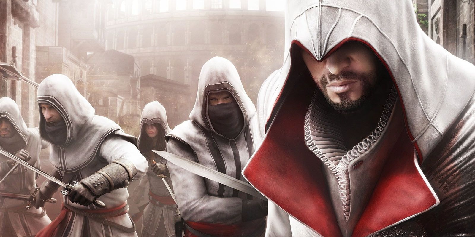 Ezio from Assassins' Creed Brotherhood with a group of Assassins behind him.