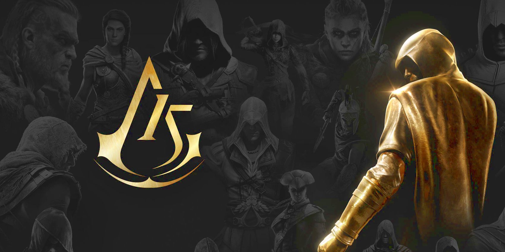 Many Assassin's Creed protagonists are seen standing behind the series logo with a 15 shaped into it while one golden Assassin is seen on the images right side.